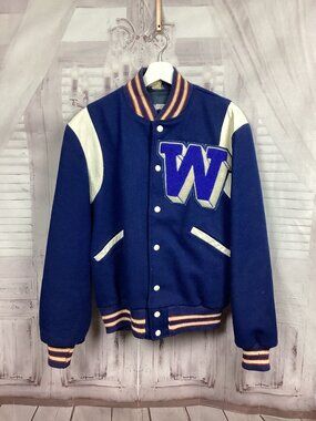 Vintage Letterman Jacket Blue White W 38